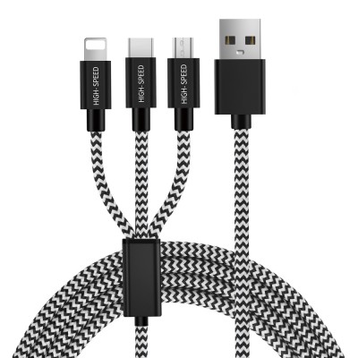 Cablu incarcare K3, 3in1 (Micro-USB, USB-C, Lightning), Aluminiu, 2.4A, 1,25M, Silver