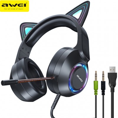 Casti gaming AWEI GM9, Over-Ear, 50mm, Microfon, Urechi pisica iluminate RGB, Cablu 2.1m