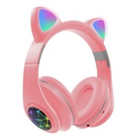 Casti over-ear wireless M2, Bluetooth 5.0, Aux IN si microSD, Urechi Pisica cu Lumini RGB, Radio FM, Pink