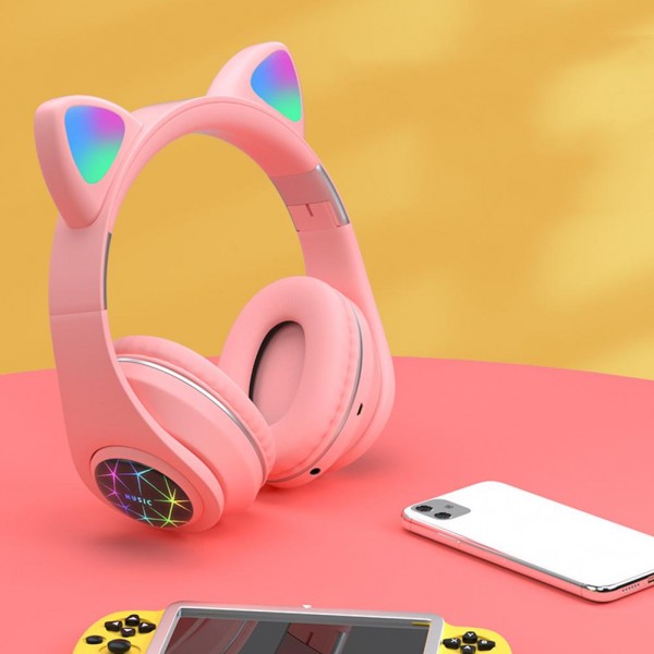 Casti over-ear NYTRO M2, Bluetooth 5.0, Aux IN si microSD, Urechi Pisica cu Lumini RGB, Radio FM, Pink