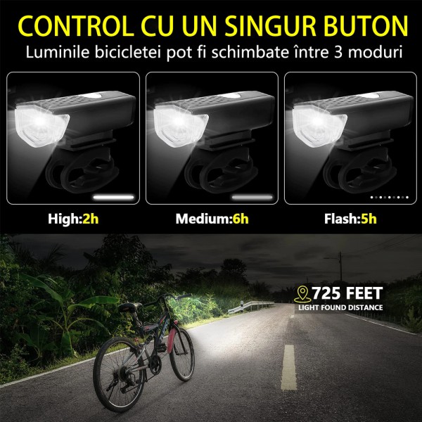 Set Lanterna LED Bicicleta / Trotineta, Far si Stop, 3 Functii Lumina, Acumulatori Reincarcabili